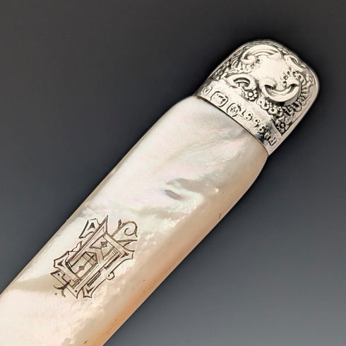 約 1890 年英國古董白色珍珠手柄純銀裝飾 6 對甜點餐具 Allen&Darwin
